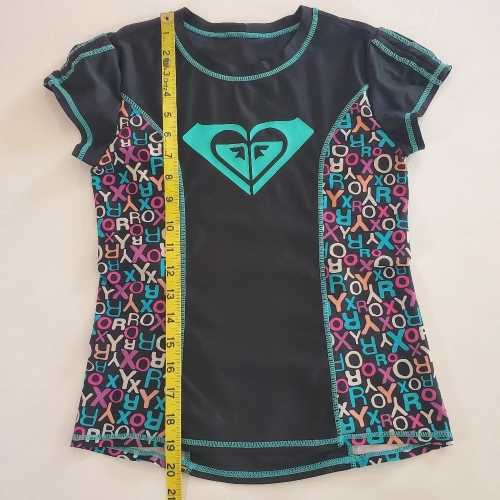 K1015 * Roxy Girls Short Sleeve Rash Guard Black Teal Size Unknown